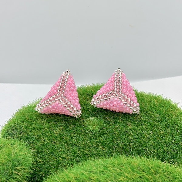 Σκουλαρίκια ροζ τρισδιάστατες πυραμίδες - καρφωτά, φθηνά - 2