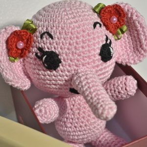 Πλεκτό ελεφαντάκι με λουλουδάκια στα αυτιά - κορίτσι, δώρο, λούτρινα, ελεφαντάκι, δώρα για παιδιά - 3