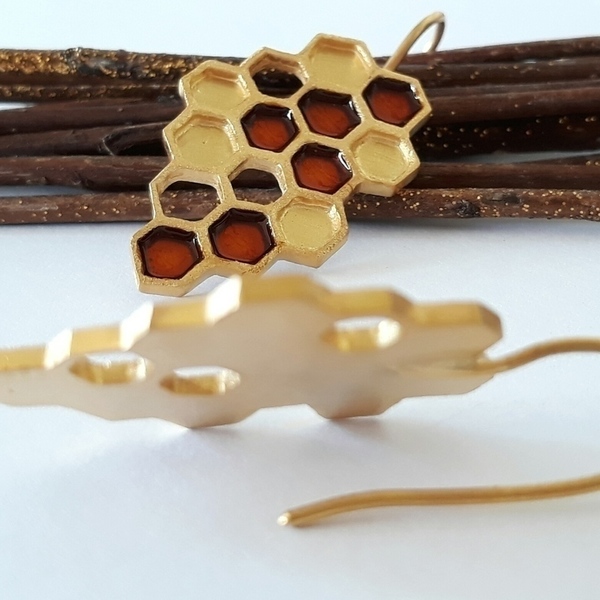 Honeycomb Earrings- Σκουλαρίκια Κηρήθρα Από Επιχρυσωμένο Ασήμι Με Σμάλτο - ασήμι, επιχρυσωμένα, κρεμαστά - 5