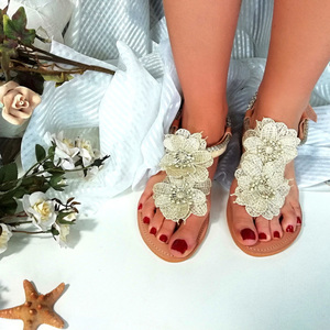 Bridal Sandals με ασημί λουλούδια - δέρμα, boho, νυφικά, φλατ, ankle strap, διχαλωτά - 5