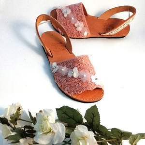 Εσπαντρίγιες με ροζ δαντέλα και λουλούδια - φλατ, ankle strap - 3