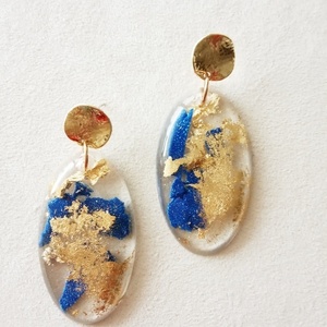 Οβάλ σκουλαρίκια με φύλλο χρυσού κ μπλε πηλό - statement, boho, μοδάτο, μεγάλα - 2