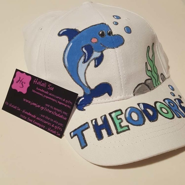 παιδικό καπελάκι jockey με όνομα και θέμα το δελφίνι ( happy dolphin ) για αγόρι ή κορίτσι - όνομα - μονόγραμμα, θάλασσα, καπέλα, καπέλο - 3