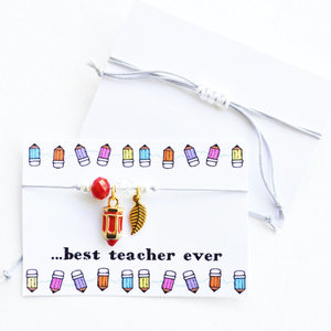 Βραχιόλι για την δασκάλα με κόκκινο μολυβάκι - charms, μακραμέ, χειροποίητα, χάντρες, δώρα για δασκάλες, αυξομειούμενα, φθηνά