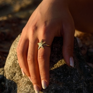 " Αστερίας " - Χειροποίητο επίχρυσο-επάργυρο δαχτυλίδι με σχέδιο αστερία της θάλασσας! - καλοκαίρι, επιχρυσωμένα, επάργυρα, boho, αστερίας, αυξομειούμενα, φθηνά - 5