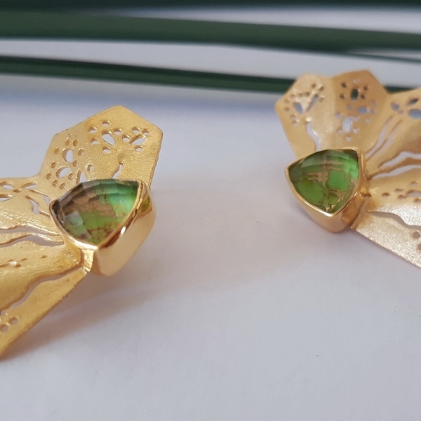 Mini Fan Green Earrings-Χειροποίητα Σκουλαρίκια Βεντάλια με Ημιπολύτιμες Πέτρες - ασήμι, ημιπολύτιμες πέτρες, επιχρυσωμένα, κρεμαστά - 2