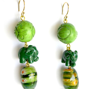 Έθνικ σκουλαρίκια με πέτρες και πράσινο ελεφαντάκι - πέτρες, μακριά, boho, κρεμαστά