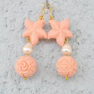 Τριπλά σκουλαρίκια ροζ αστερίας 1 - πέτρες, boho, κρεμαστά - 4