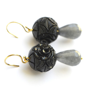 Διπλά σκουλαρίκια με έθνικ σκαλιστό στοιχείο - ασήμι, επιχρυσωμένα, πέτρες, boho, κρεμαστά, γάντζος