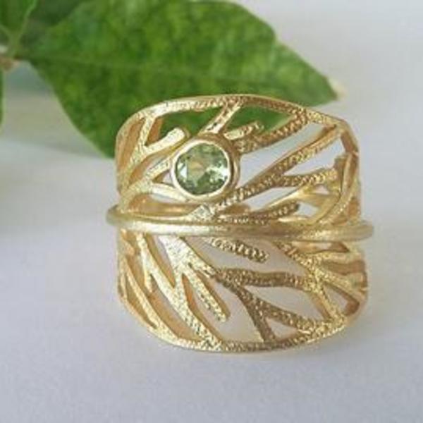 Green Stone Leaf-Χειροποίητο δαχτυλίδι Φύλλο από Επιχρυσωμένο Ασήμι με πέτρα Περίδοτο. - ασήμι, ημιπολύτιμες πέτρες, επιχρυσωμένα, χειροποίητα, φύλλο, μεγάλα - 2