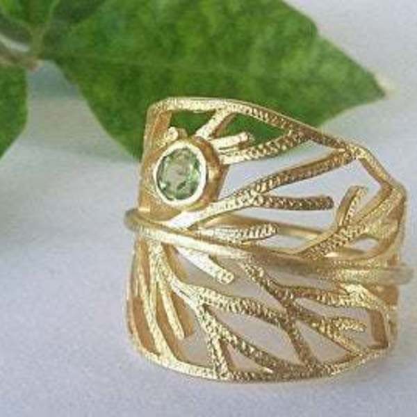 Green Stone Leaf-Χειροποίητο δαχτυλίδι Φύλλο από Επιχρυσωμένο Ασήμι με πέτρα Περίδοτο. - ασήμι, ημιπολύτιμες πέτρες, επιχρυσωμένα, χειροποίητα, φύλλο, μεγάλα - 5