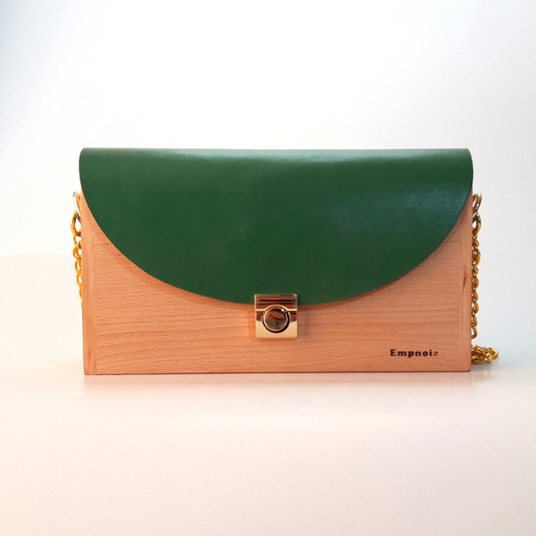 Ξύλινη τσάντα με δέρμα πράσινο - δέρμα, ξύλο, ώμου, δώρο, χειροποίητα, μικρές - 2
