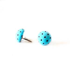 Υφασμάτινα Σκουλαρίκια Κουμπιά Πουά-Γαλάζιο - καρφωτά, φθηνά - 2
