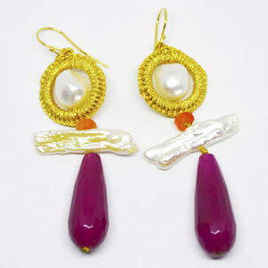 Τριπλά σκουλαρίκια με μαργαριτάρι και χρυσοκλωστή κεντητά - πέτρες, μακριά, κρεμαστά, μεγάλα σκουλαρίκια - 2