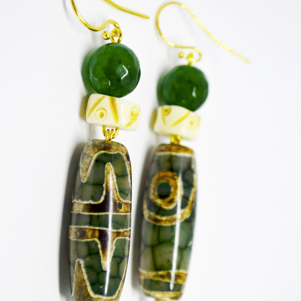 Τριπλά σκουλαρίκια με κρακελέ jade - επιχρυσωμένα, πέτρες, boho, κρεμαστά