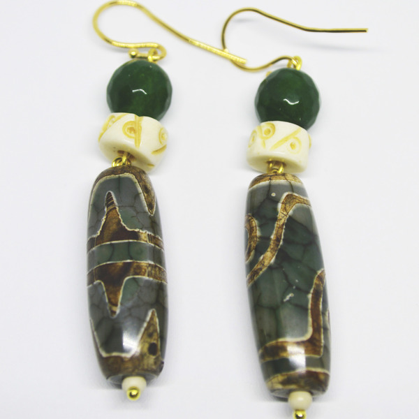 Τριπλά σκουλαρίκια με κρακελέ jade - επιχρυσωμένα, πέτρες, boho, κρεμαστά - 2