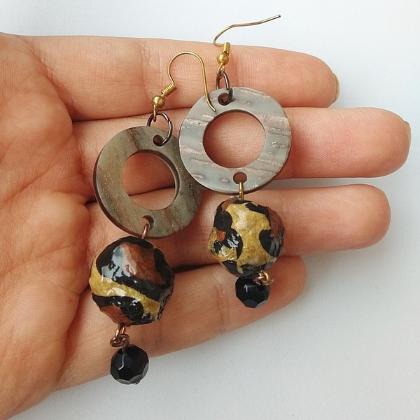 σκουλαρίκια λεοπάρ από παπιέ μασέ - animal print, boho, κρεμαστά - 3