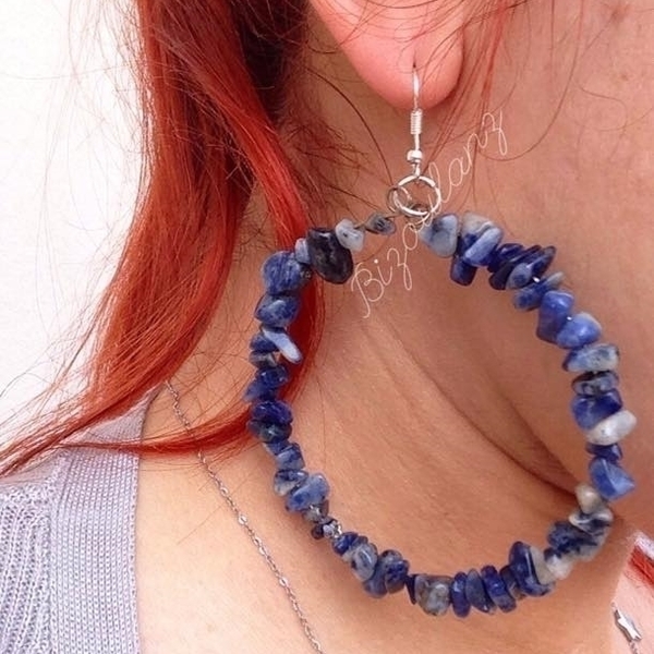 Σκουλαρίκια κρίκοι lapis lazuli ημιπολύτιμος λίθος - ημιπολύτιμες πέτρες, κρίκοι, πέτρες, καθημερινό, μεγάλα - 4