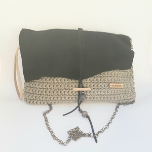 Πλεκτή τσάντα ελεφαντί με μαυρο δερματινο καπάκι - δέρμα, ώμου, πλεκτές τσάντες