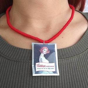 κολιέ κόκκινο εικόνα vintage pin up lady - ύφασμα, γυναικεία, αλουμίνιο, κοντά, φθηνά - 5