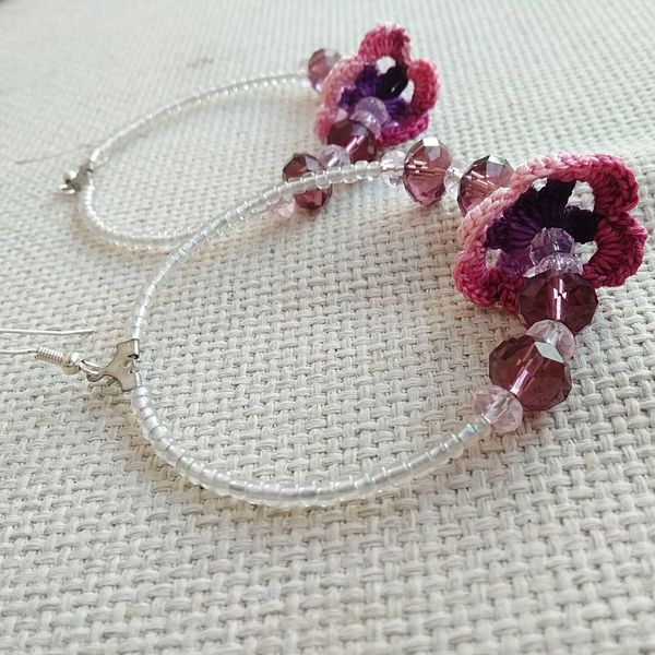 ρομαντικά σκουλαρίκια κρίκοι με λουλούδια ροζ μώβ - γυαλί, λουλούδια, πέτρες, κρεμαστά, μεγάλα - 2