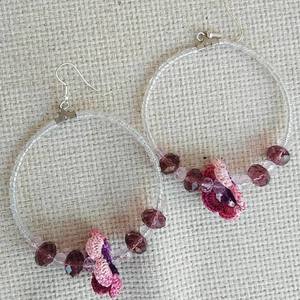 ρομαντικά σκουλαρίκια κρίκοι με λουλούδια ροζ μώβ - γυαλί, λουλούδια, πέτρες, κρεμαστά, μεγάλα - 3