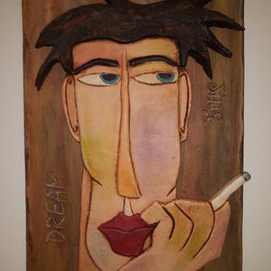 Πίνακας από πηλό "Αντρική φιγούρα με τσιγάρο" - πίνακες & κάδρα, πηλός, χειροποίητα, πρωτότυπα δώρα - 3