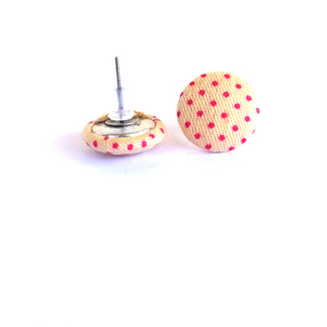 Υφασμάτινα Σκουλαρίκια Κουμπιά Μπεζ Πουά - ύφασμα, επάργυρα, καρφωτά, φθηνά - 2
