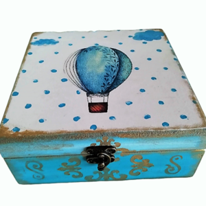 Ξύλινο κουτί με γαλάζιο αερόστατο - αγόρι, mdf, οργάνωση & αποθήκευση, δώρα για βάπτιση, δώρα γενεθλίων, κουτιά αποθήκευσης