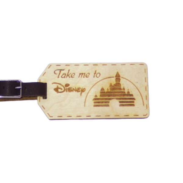 Ταμπελάκι για βαλίτσα ''Take me to Disney'' - δέρμα, ξύλο, μπρελόκ, τσάντα, ξύλινα