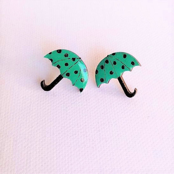 Stud earrings “Mini Umbrellas”. - ξύλο, γυαλί, ζωγραφισμένα στο χέρι, καρφωτά, μικρά, καρφάκι - 2