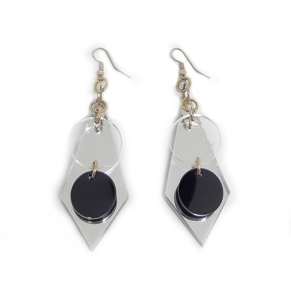 Σκουλαρίκια από plexiglass με ασημί καθρέφτη και κύκλους σε μαύρο - διαφανές - μακριά, plexi glass, κρεμαστά, μεγάλα, faux bijoux