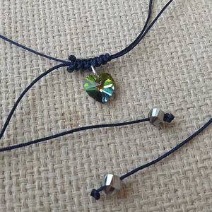 κολιέ μίνιμαλ μακραμέ με καρδιά swarovski πράσινη σε μπλε κορδόνι - ημιπολύτιμες πέτρες, καρδιά, swarovski, φθηνά - 2