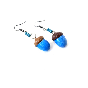 Σκουλαρίκια μπλε βελανίδια - ζωγραφισμένα στο χέρι, πηλός, κρεμαστά - 2