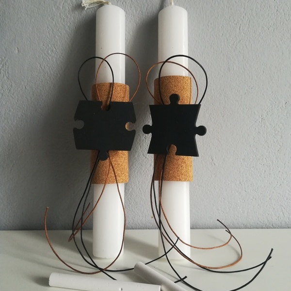 Λαμπάδες σετ για ζευγάρι με ξύλινο puzzle μαγνητάκι - πίνακες & κάδρα, λαμπάδες, ζευγάρια - 3