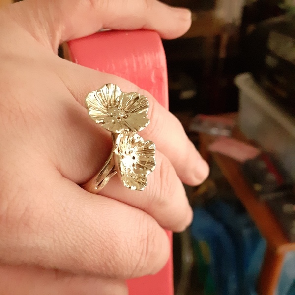 Vintage δαχτυλίδι με 2 λουλούδια από ορείχαλκο - vintage, ορείχαλκος, φλοράλ, λουλούδι, κοσμήματα, αυξομειούμενα - 2