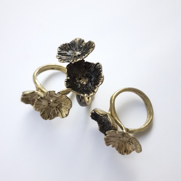 Vintage δαχτυλίδι με 2 λουλούδια από ορείχαλκο - vintage, ορείχαλκος, φλοράλ, λουλούδι, κοσμήματα, αυξομειούμενα - 5