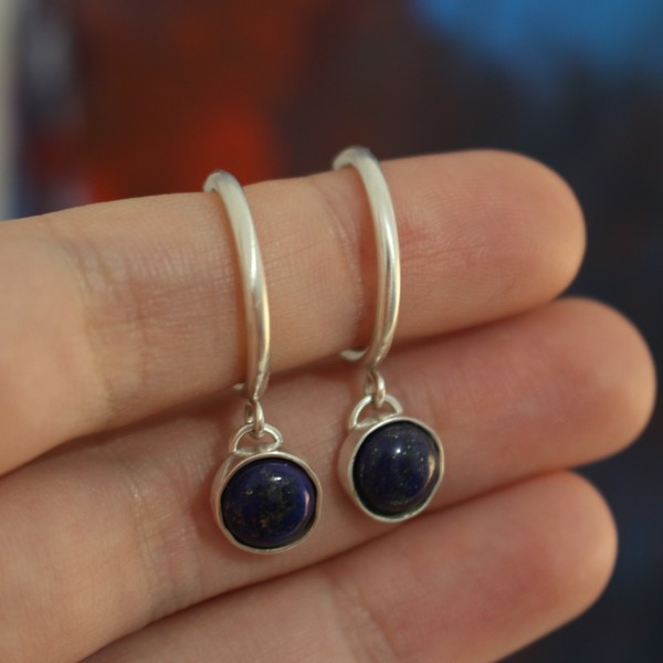 ασημένιοι κρίκοι με lapis lazuli - ασήμι, ημιπολύτιμες πέτρες, κρίκοι, minimal, μικρά - 2