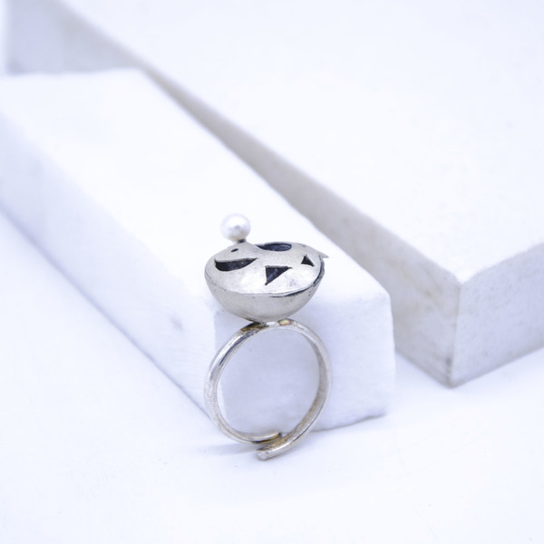 "Fish" Ring, Silver 925, Fresh water pearl - μαργαριτάρι, ασήμι 925, μεγάλα, αυξομειούμενα - 2