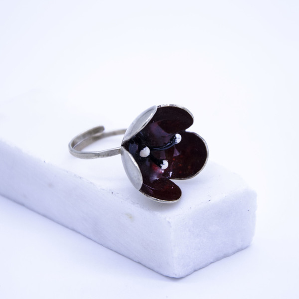 "Dark Red Poppy" Ring, Boho & Hippie Style Jewelry - ασήμι, μεγάλα, αυξομειούμενα - 2