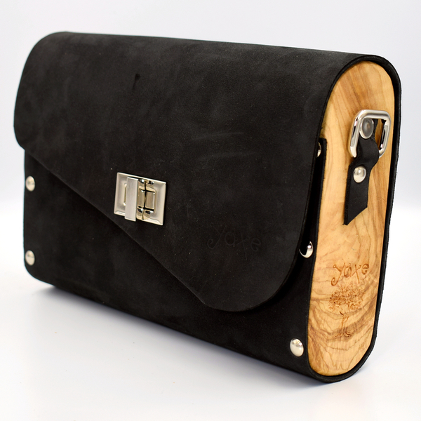 Μαύρη τσάντα από δέρμα και ξύλο ελιάς - φάκελοι, ώμου, χειροποίητα - 3