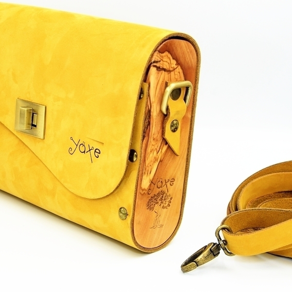 Κίτρινη δερμάτινη τσάντα με ξύλο ελιάς - δέρμα, ξύλο, μοντέρνο, clutch, χειροποίητα, μικρές - 2