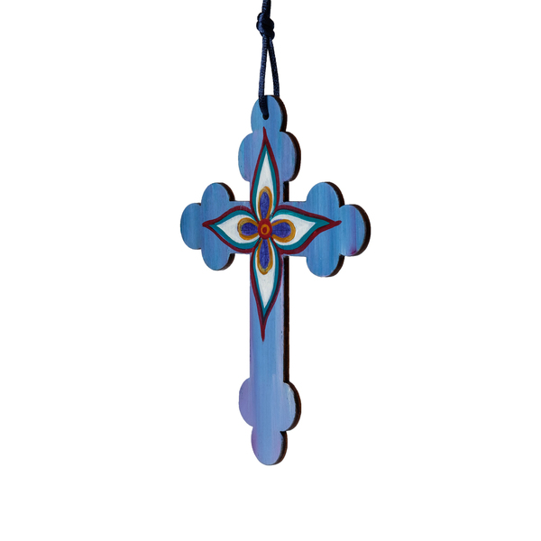 Ζωγραφιστός σταυρός με μπλε λουλούδι - διακοσμητικά, σταυροί, για παιδιά, για ενήλικες, για μωρά - 2