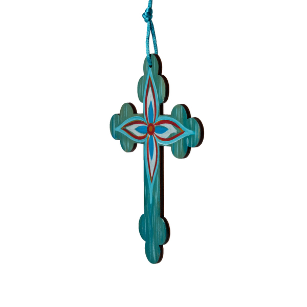 Ζωγραφιστός σταυρός με γαλάζιο λουλούδι - διακοσμητικά, σταυροί, για παιδιά, για ενήλικες, για μωρά - 2