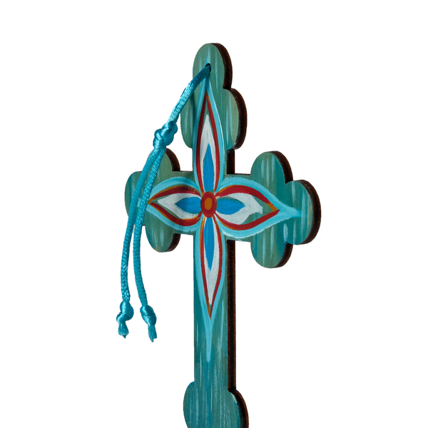 Ζωγραφιστός σταυρός με γαλάζιο λουλούδι - διακοσμητικά, σταυροί, για παιδιά, για ενήλικες, για μωρά - 3