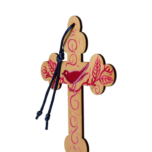 Ξύλινος σταυρός με κόκκινο πουλί -01 - διακοσμητικά, σταυροί, για παιδιά, για ενήλικες, για μωρά - 3