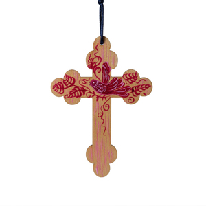 Ξύλινος σταυρός με κόκκινο πουλί -03 - διακοσμητικά, σταυροί, για παιδιά, για ενήλικες, για μωρά