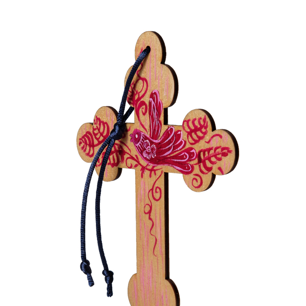 Ξύλινος σταυρός με κόκκινο πουλί -03 - διακοσμητικά, σταυροί, για παιδιά, για ενήλικες, για μωρά - 3