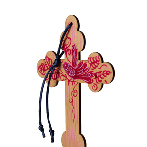 Ξύλινος σταυρός με κόκκινο πουλί -03 - διακοσμητικά, σταυροί, για παιδιά, για ενήλικες, για μωρά - 3