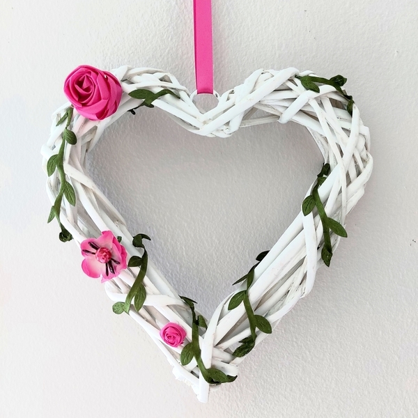 Ξύλινο στεφάνι σχήμα καρδιάς - ξύλο, καρδιά, στεφάνια, τριαντάφυλλο, romantic - 2